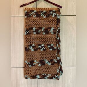 Handmade Afghan Throw Blanket Hand Crocheted Brown Turquoise NEW